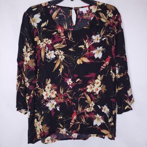 J Jill Blouse Large Petite Black Floral Bird Print 3/4 Sleeve Keyhole Back
